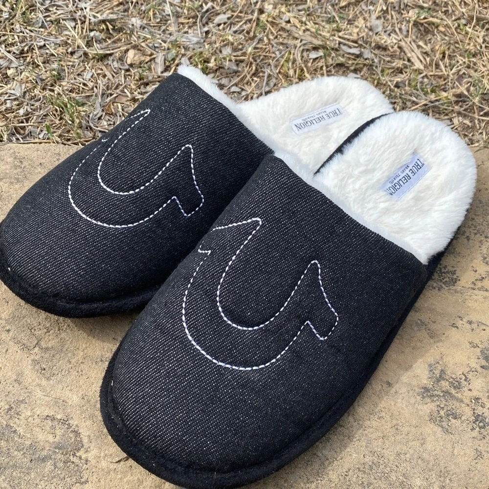 True Religion black denim slippers mens 9/10 faux fur soft comfy loungewear